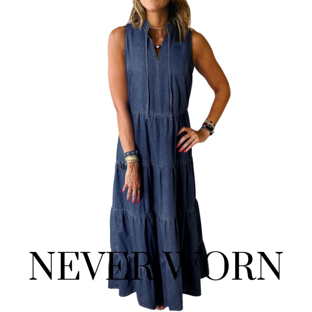Real Teal Sleeveless Tiered Chambray Maxi Dress